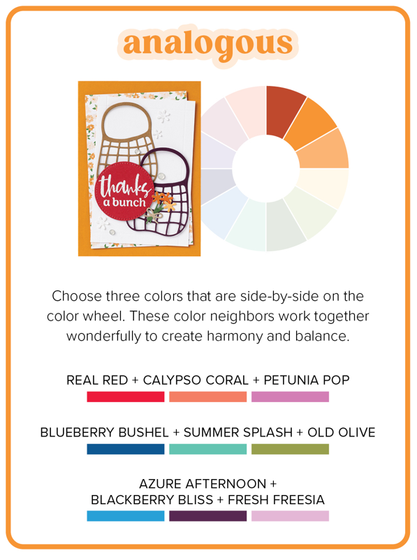 Try analogous colors, which are found by combining one color with its closest neighbors on the color wheel. By choosing analogous colors for your card, you’re ensuring a look of cohesion and harmony, as these combinations are known for their calming effect in artistic design.