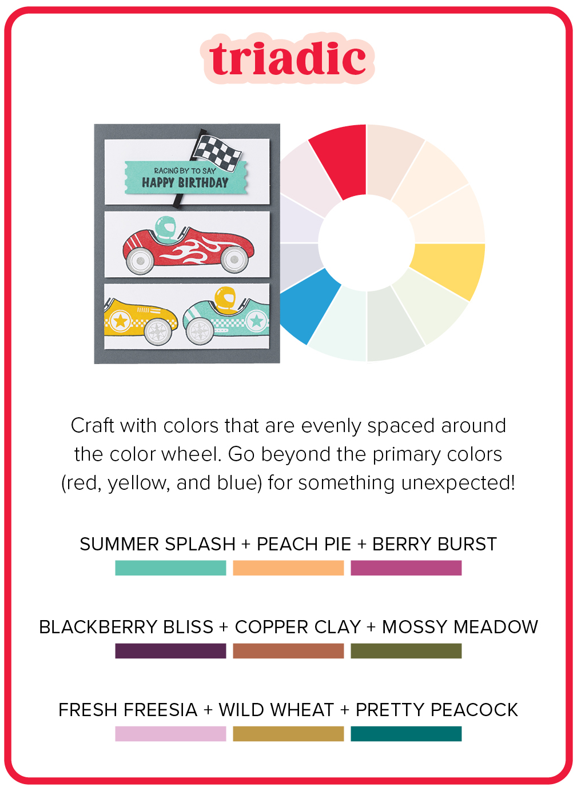 Triadic color schemes are found by finding three colors equally spaced apart on the color wheel. These color combinations can feel just as predictable (think the primary colors of red, yellow, and blue) as they do dynamic or unexpected.