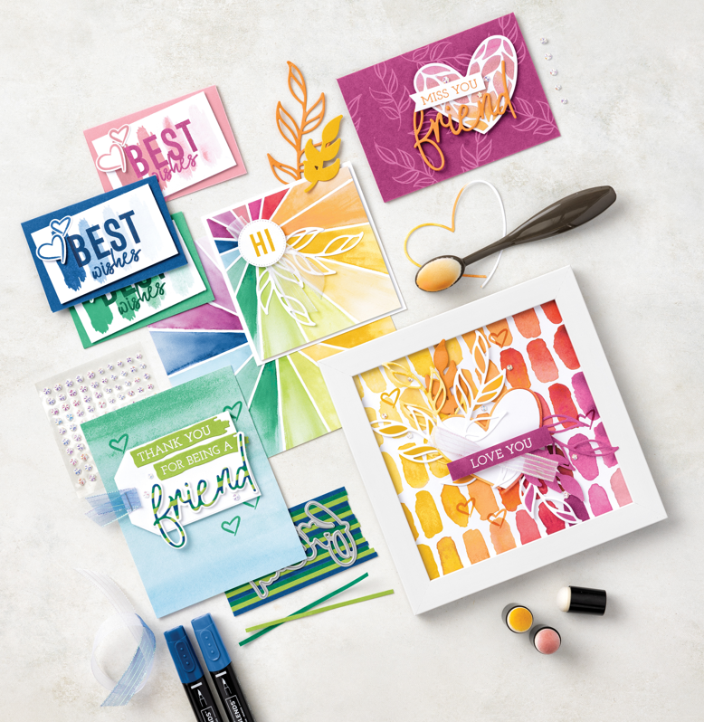 Included in this suite are the Friends for Life Photopolymer Stamp Set, the Friends for Life Dies, the Full of Life Designer Series Paper, the Iridescent Striped Trim, and the Iridescent Faceted Gems