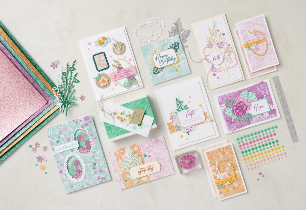 Included in the collection are the Flowers of Beauty Dies, Unbounded Love Photopolymer Stamp Set, Unbounded Love Dies, Unbounded Beauty Designer Series Paper, 2024-2026 In Color™ Glimmer Specialty Paper, and 2024-2026 In Color™ Resin Dots