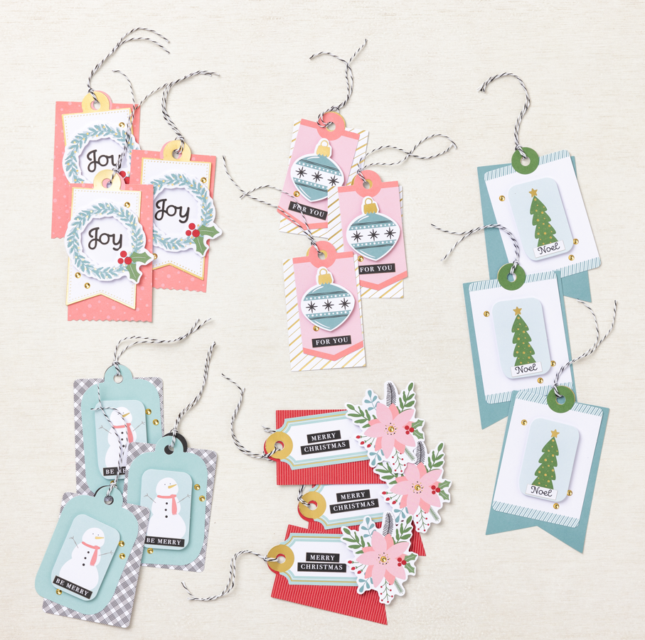 Si vous hésitez à fabriquer vos propres étiquettes cadeaux, les ensembles d'étiquettes préfabriqués pour l'artisanat sont un excellent point de départ.
Les ensembles d'étiquettes-cadeaux DIY, comme le Stampin' Up !
Festive Tags Kit, contient tout ce dont vous avez besoin pour fabriquer plusieurs étiquettes-cadeaux à la main.  