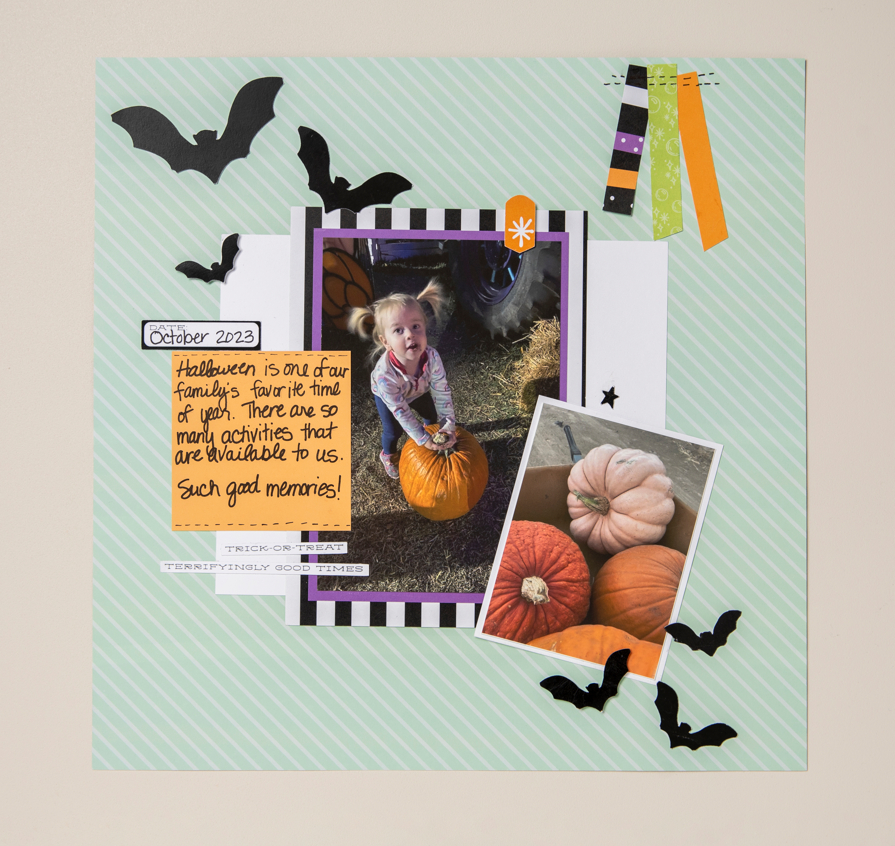 Featuring a diagonal stripe and our classic Pool Party teal, this paper brings out the lighter side of Halloween while still coordinating with other more traditional Halloween-themed designs in the collection.