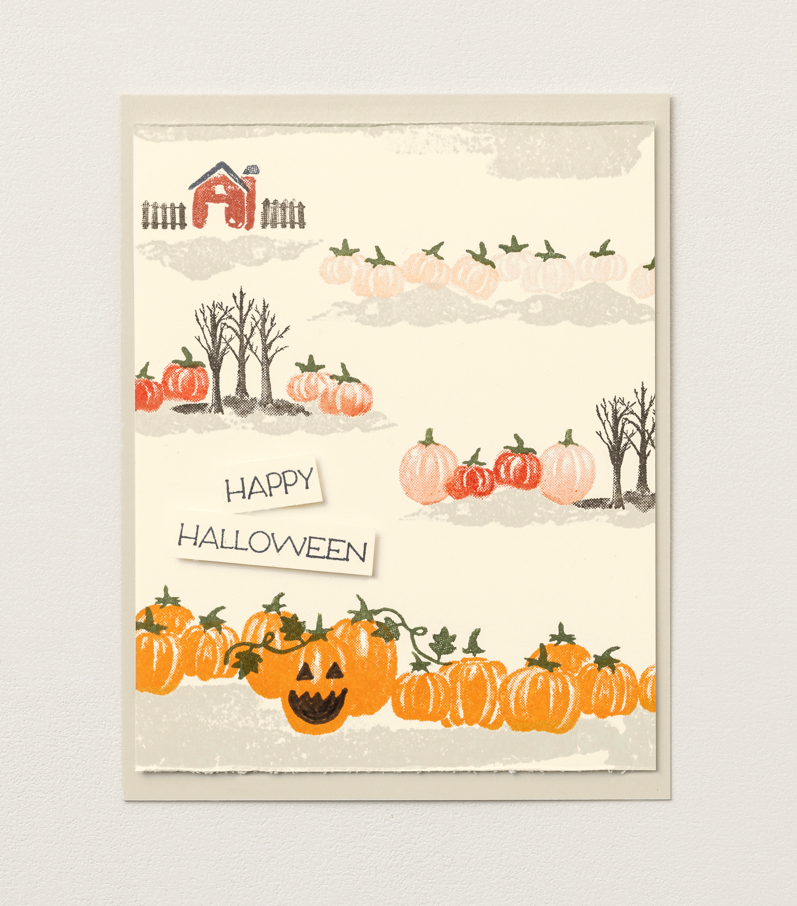 This easy DIY Halloween card features pumpkins, bird, and a cute barn.