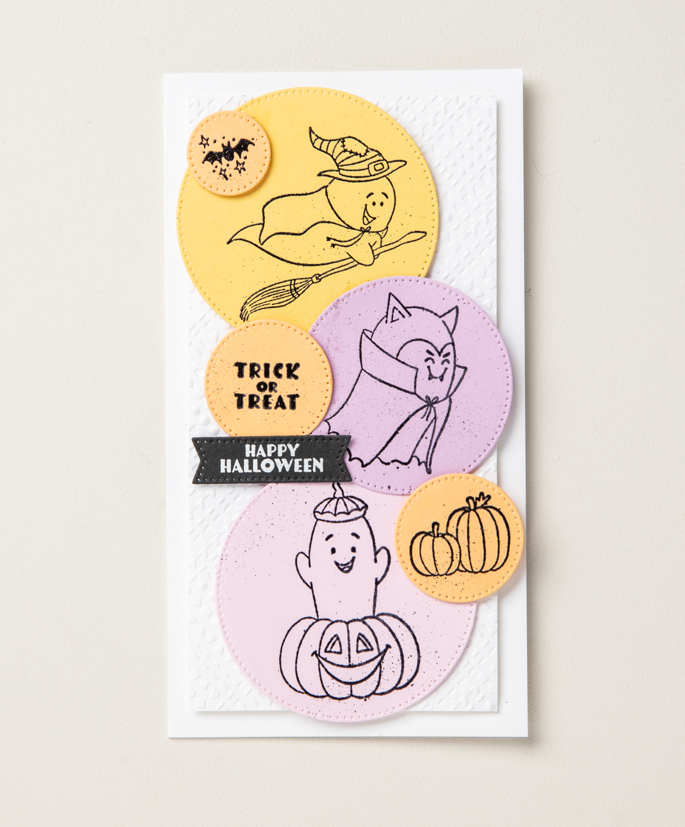 Finally, tap into Halloween’s sweeter side by using stamp and paper designs made specifically for the holiday but with a surprisingly charming twist to your Halloween card.