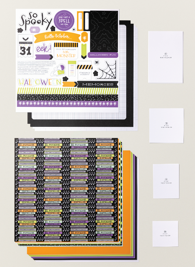 This year, we’ve made your Halloween scrapbooking easy with our Halloween Memories Scrapbooking Workshop Kit. It has the supplies in a classic Halloween color palette to create three predesigned two-page scrapbook layouts.