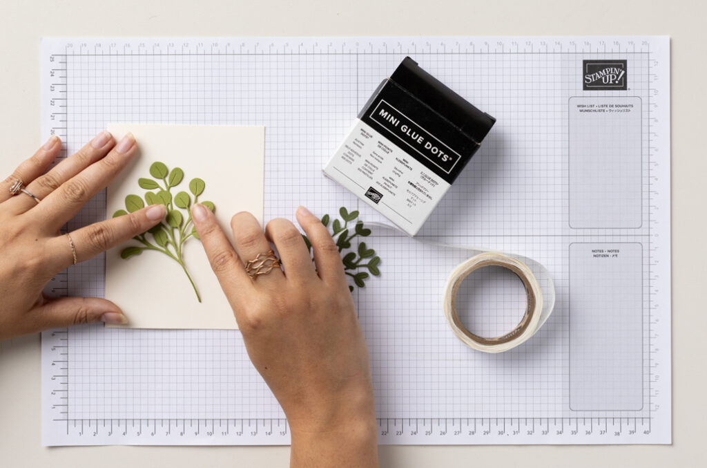 If you prefer to apply the glue dot to your paper first, use a precision pick-up tool like our Stampin’ Up! Take Your Pick tool to carefully lift the glue dot from the roll and place it on your paper.