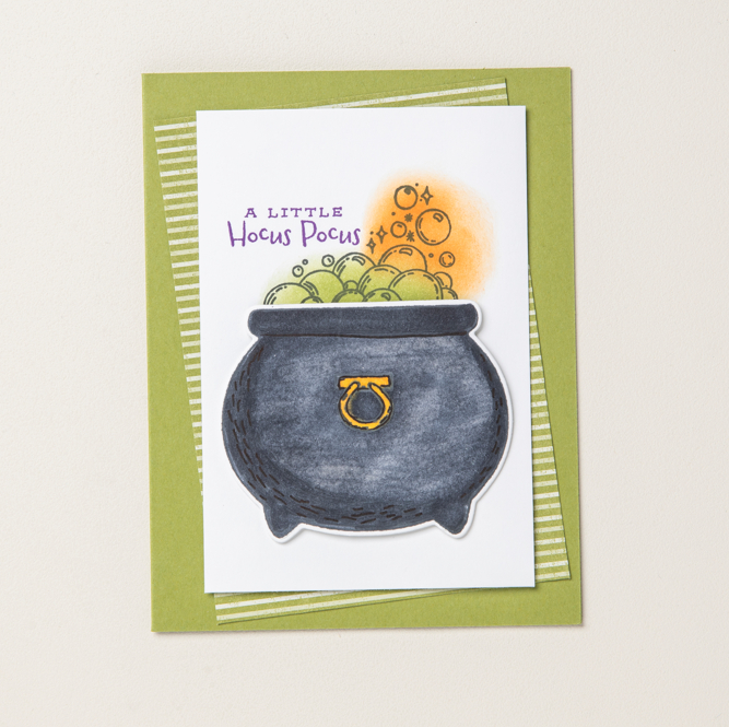 Great DIY handmade Halloween card featuring Hocus Pocus lettering and a cauldron.