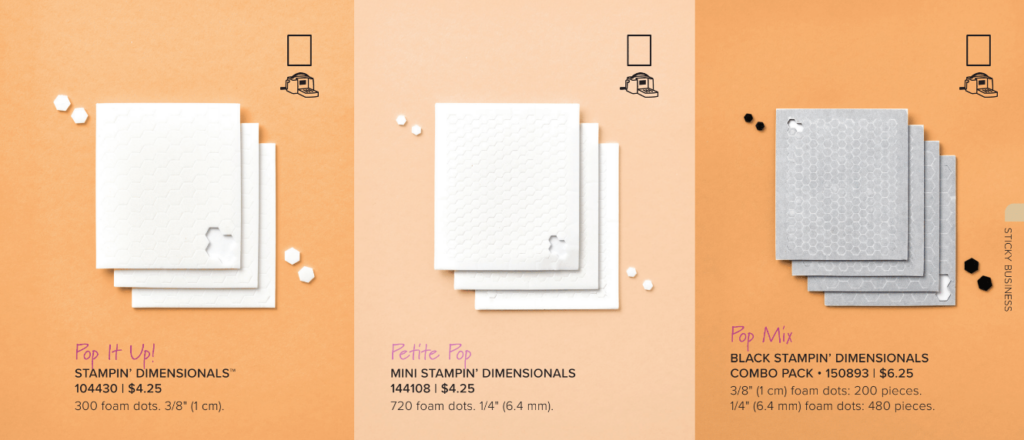 Dimensionals are foam dots with double-sided adhesives that add depth and dimension to crafting projects. They come in a variety of sizes, and they’re also available in both black and white to suit your crafting needs. Dimensionals are great for attaching heavier embellishments to your cards and other projects.