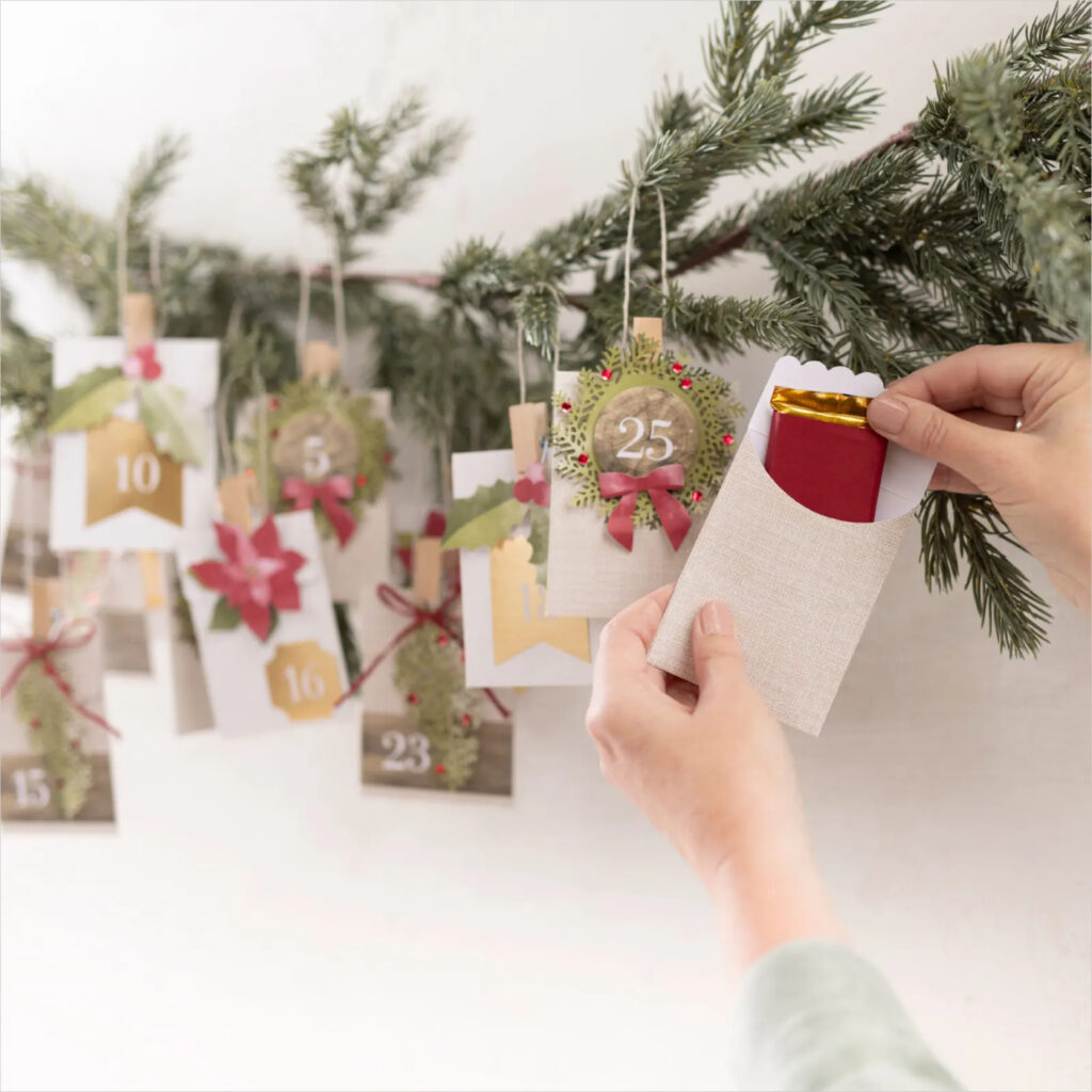 Simply fill them up with a small treat or a sweet note! Whether you keep the kit for yourself or gift it to a friend, this advent calendar will add a charming touch to your home during the Christmas season.