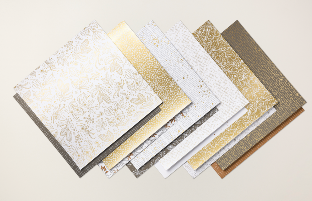 Specialty paper is similar to patterned paper, but the finish is what sets it apart. It usually features a foil accent, interesting texture, or glitter that adds just a little something special