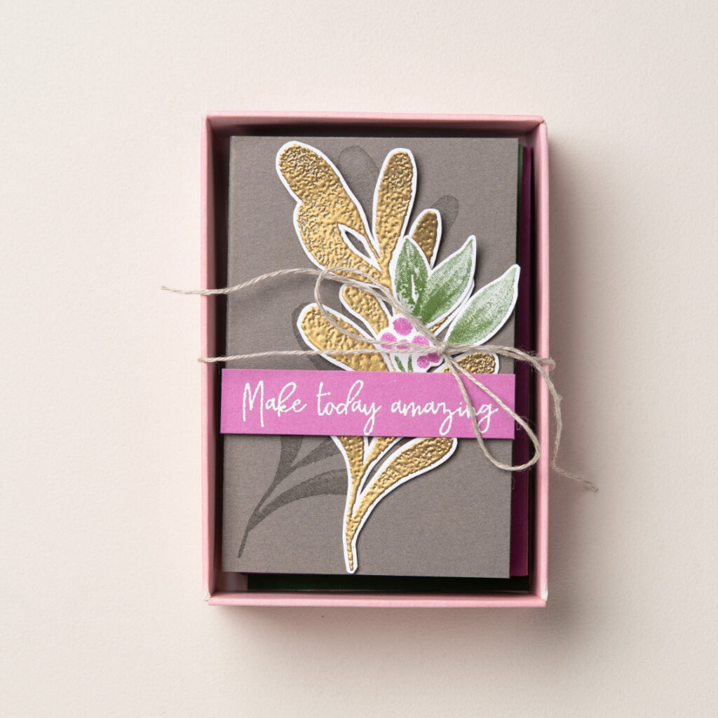 If you’re using a pre-made paper box, you’ll need it, as well as anything you want to use to decorate it. You might choose to use stamps, ink, embossing supplies, embellishments and ribbon, paper, adhesive, cutting tools, or anything else that sparks your creativity.