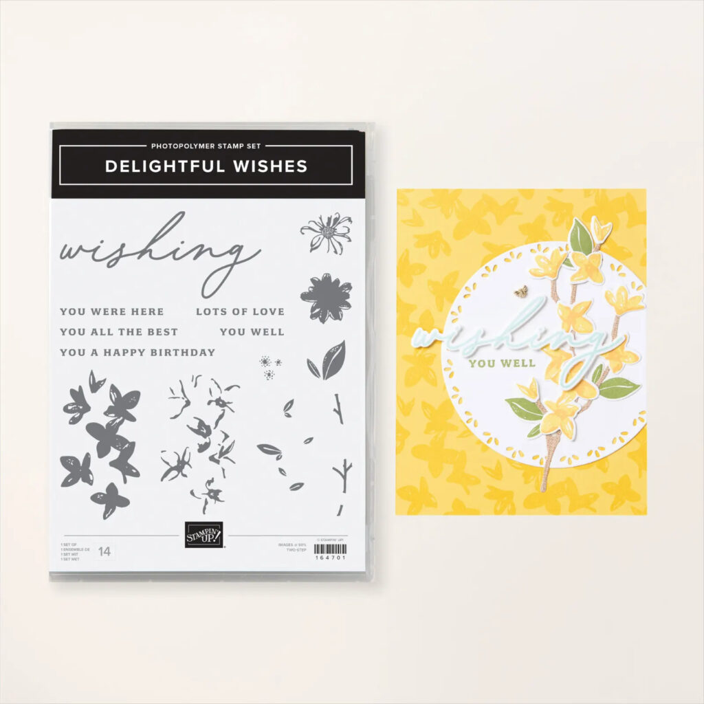 Send your best wishes all year long with the Delightful Wishes Stamp Set. Use the forsythia bloom images with the sentiments to wish someone a happy birthday or let them know you’re thinking of them.