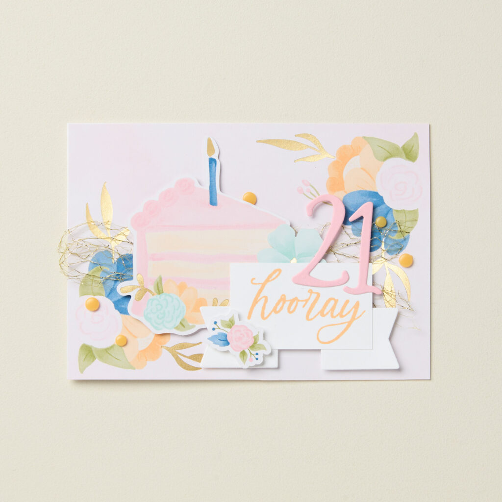 Coordinating handmade birthday cards with a slice of birthday cake, a die-cut number, and finishing touches of gold trim and party dots sends the message loud and clear—this is a birthday to remember.