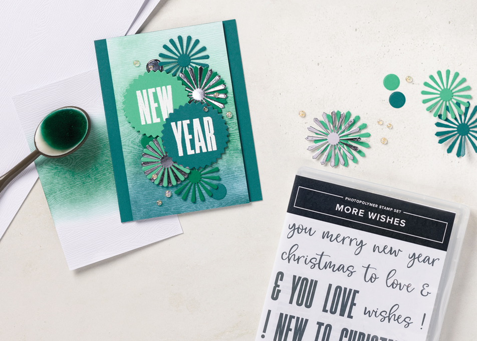 A celebratory new year's card make with the More Wishes Stamp Set.