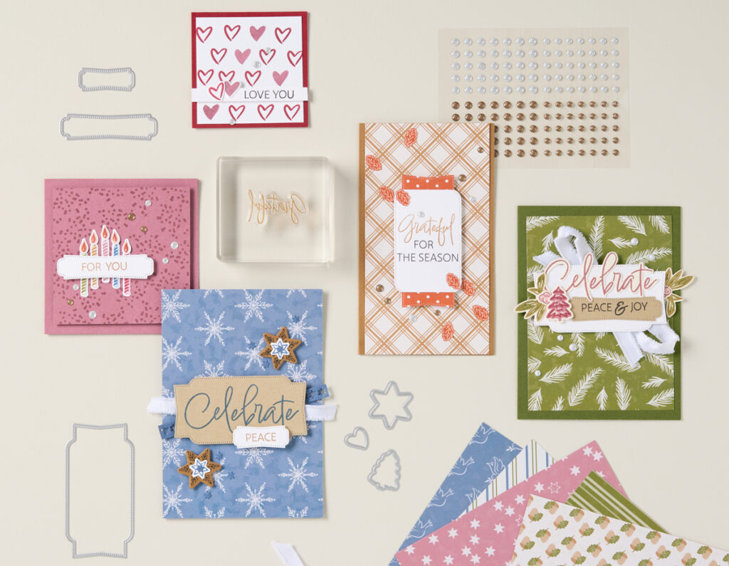 Pictured here is a collage of paper crafting ideas made from the Iconic Celebrations Suite Collection