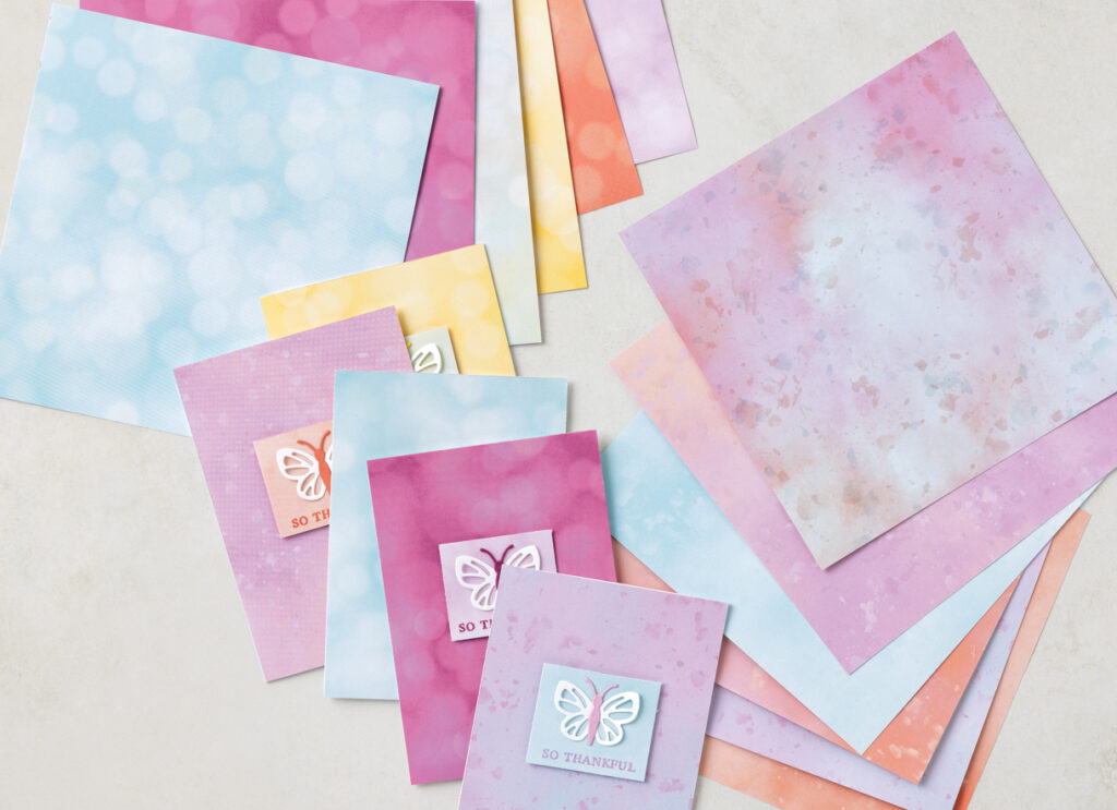 The soft colors and patterns can be used for many occasions to make eye-catching banners or pair them with complimentary two-tone cardstock in Bubble Bath, Pool Party, or Petunia Pop for fun multicolored gift tags and scrapbook pages.