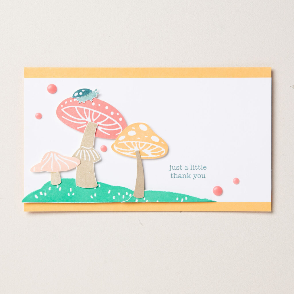 This card is packed with whimsy. The coordinating stamps and punches make creating this mini toadstool forest easy, and the sweet little thank you is perfect for any grateful occasion.