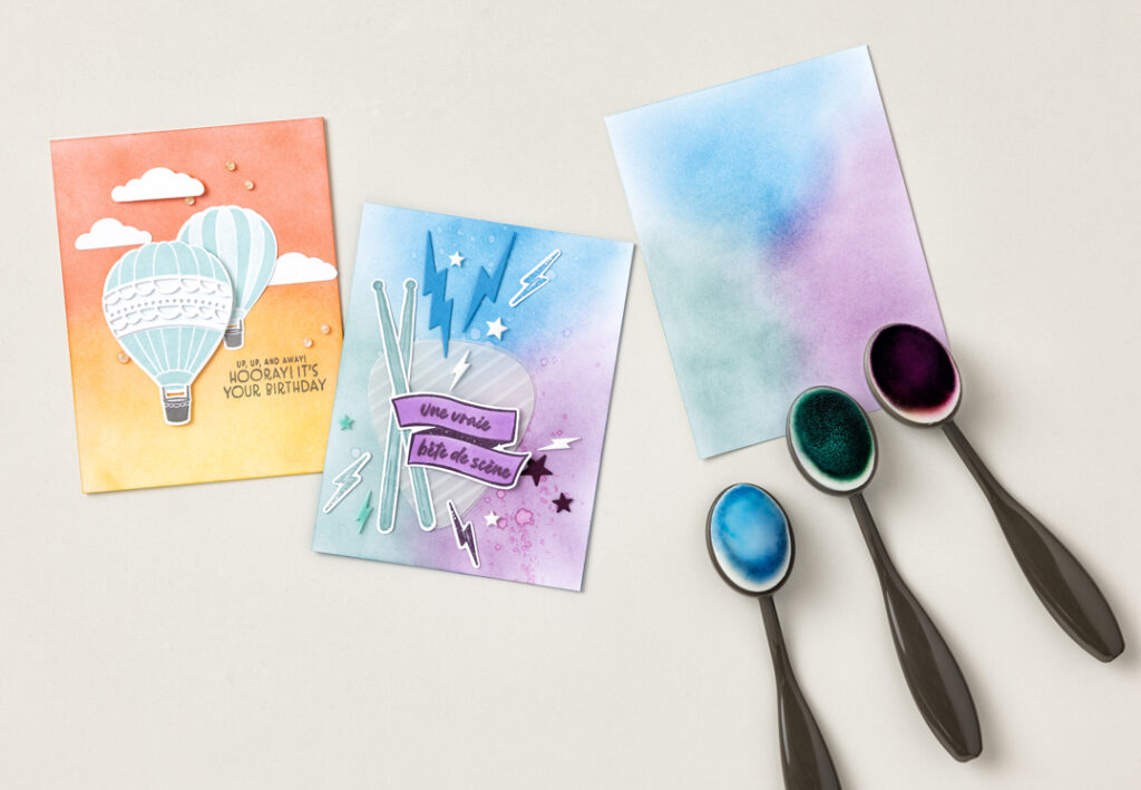 Blending colors with your ink pads is easy with blending brushes. By combining inks in varying amounts and intensities using a set of quality blending brushes of different sizes you can create custom paper to use as backgrounds, die cuts, or any other part of your paper creations.