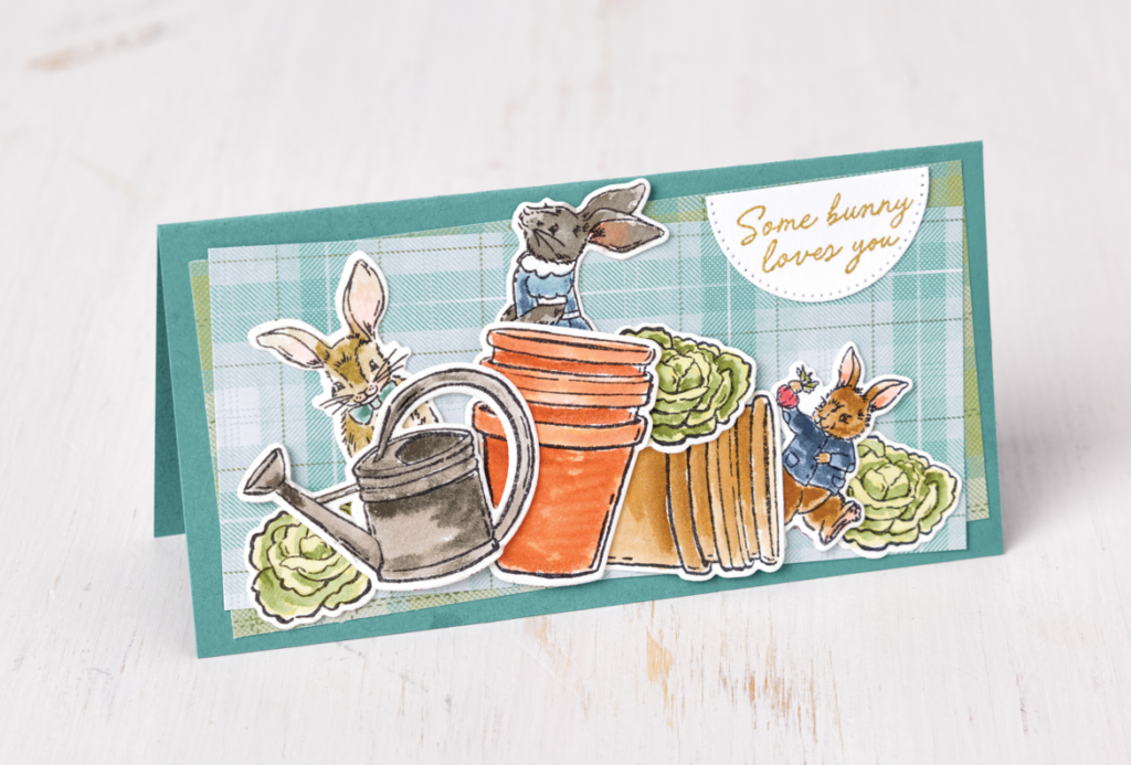 Consider the detail on the garden pots, watering can, and lettuce on the card featured here.