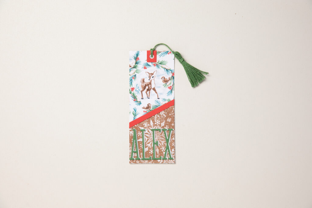 Alphabet à la Mode Dies and holiday patterned paper to make a DIY bookmark