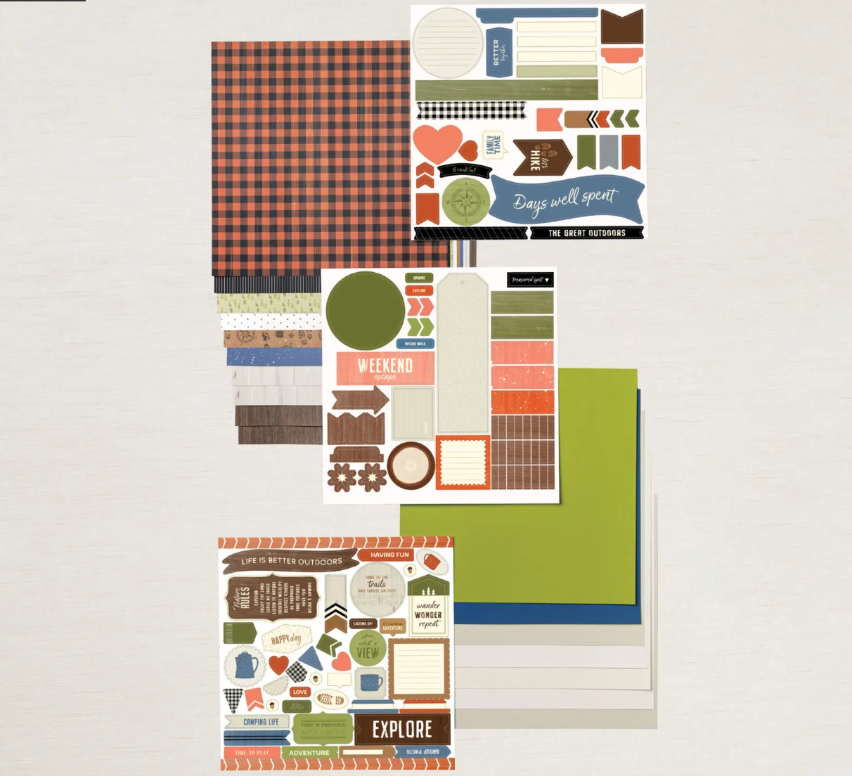 Workshoppakket voor scrapbooks met weekendavonturen en gecoördineerde papierschema's voor themalay-outs.