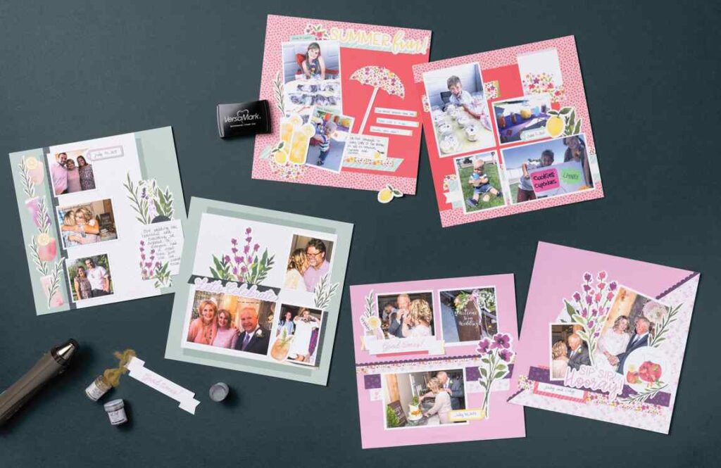 Scrapbookpagina's, handgemaakte kaarten en decoratie uitgestald op een tafelblad, met slimme opbergideeën voor compacte knutselruimtes.