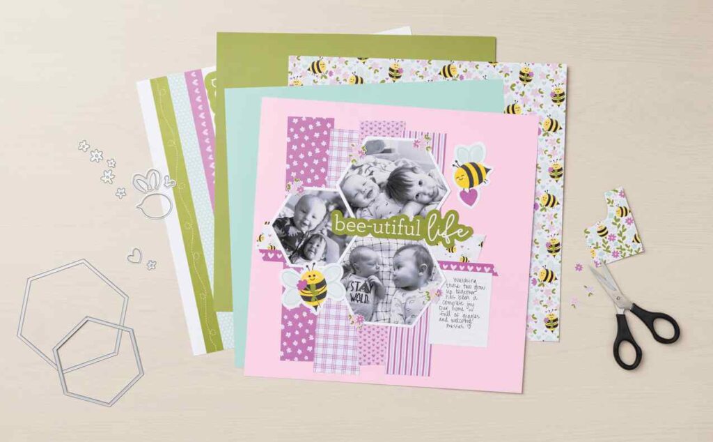 Scrapset voor beginners met gecoördineerd patroonpapier, kaartkarton, stansfiguren en gereedschap om eenvoudige 12x12 scrapbook lay-outs te maken.