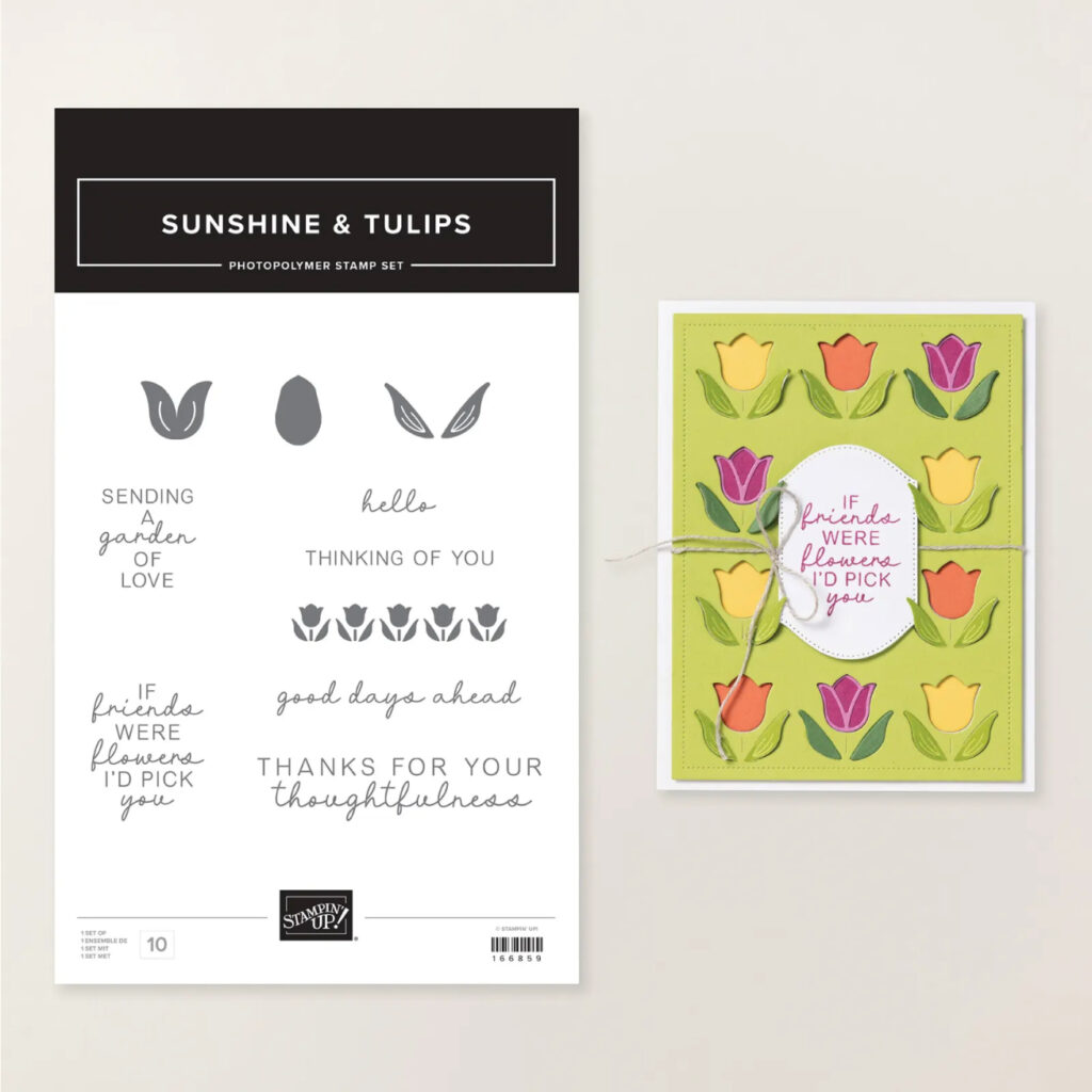 De Sunshine &amp; Tulips bloemenstempelset helpt je bij het maken van lieve tulpen en heeft een verscheidenheid aan vriendelijke teksten, waardoor het perfect is om een echte tuin van lentegeluk te creëren op elke kaart, scrapbook lay-out en cadeaulabel die je maakt.