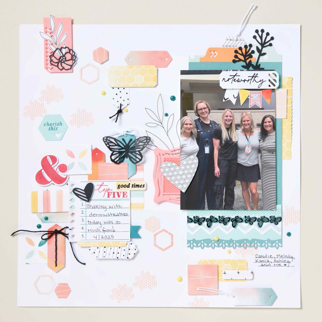 Scrapbook layout featuring decorative Array of Dots embellishments, layered paper accents, photos, and dimensional die-cut decorations.