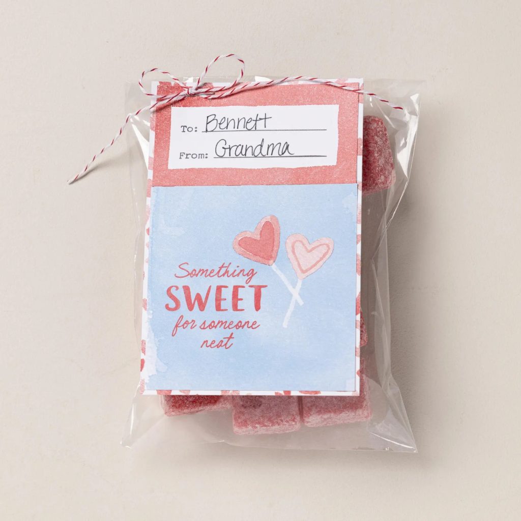 Gift bag filled with treats and decorated using baker's twine and a handmade gift tag for a personalized paper crafting project.