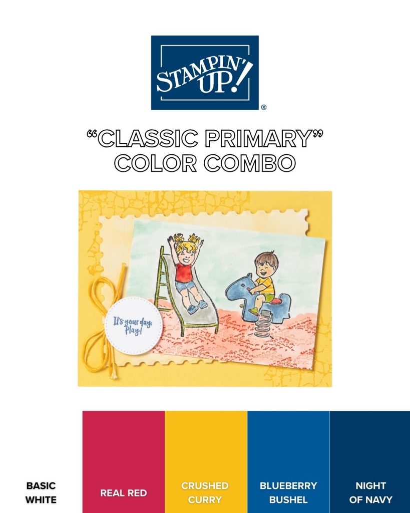 Graphique d’inspiration colorée mettant en vedette une carte faite à la main sur le thème de la cour de récréation accompagnée d’une palette classique de couleurs primaires.