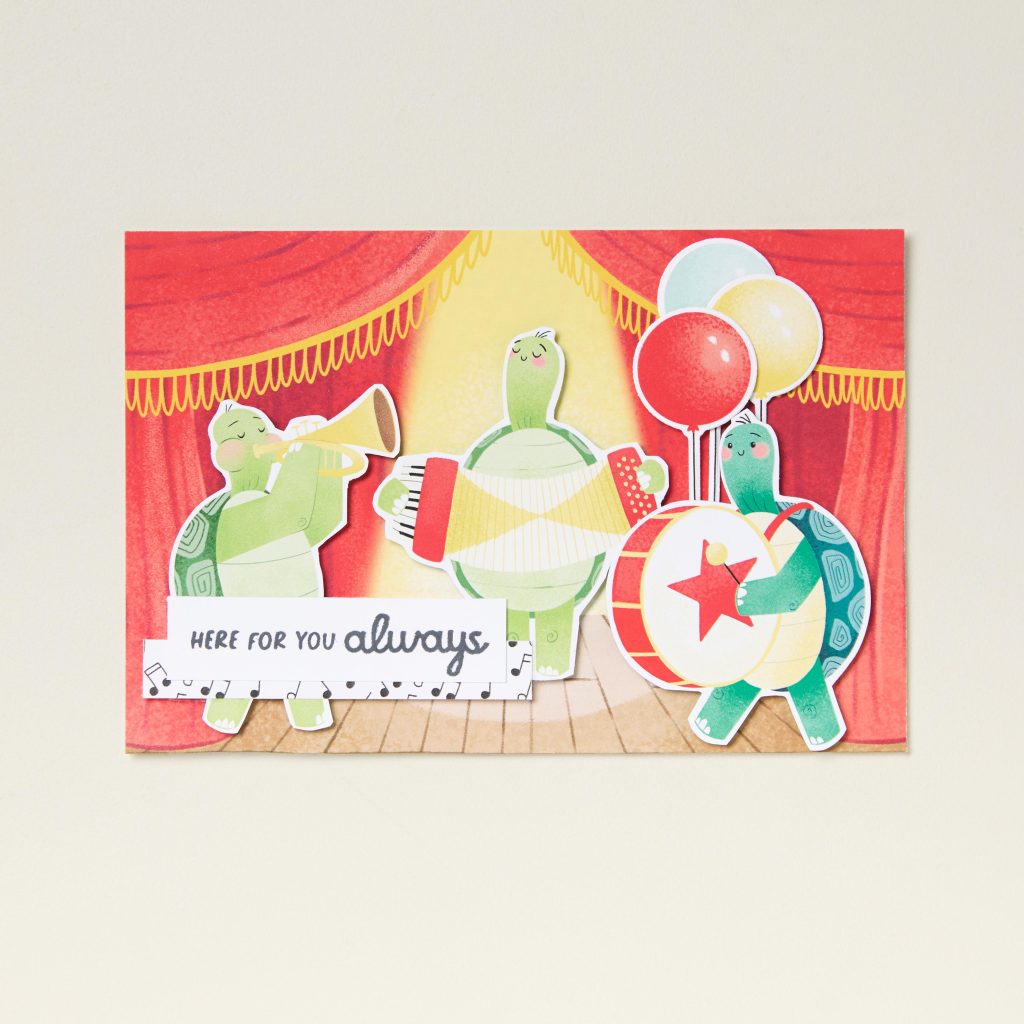 Carte faite main avec trois tortues illustrées jouant dans un groupe avec le mot « Toujours là pour toi. »