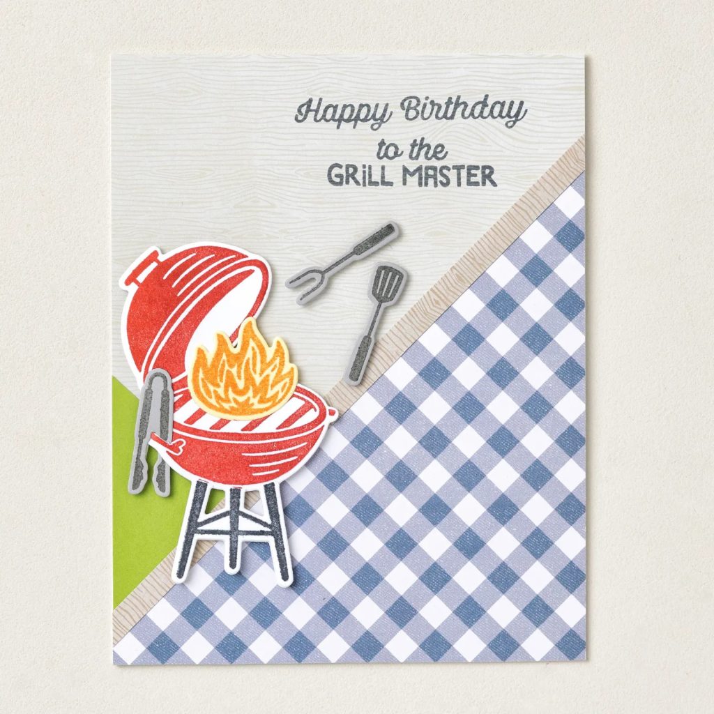 Handmade birthday card for a grill master featuring a barbecue grill, grilling tools, and birthday greeting.