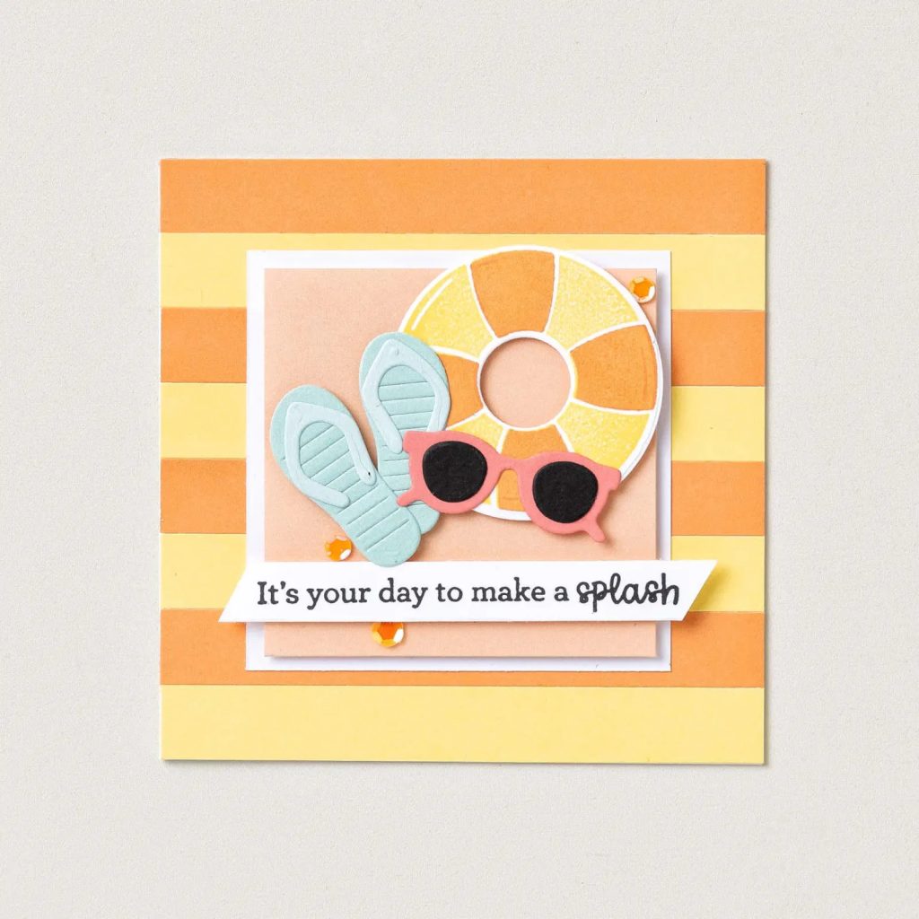 Summer-themed DIY birthday card with flip-flops, sunglasses, swim ring, and "It's your day to make a splash" sentiment.
