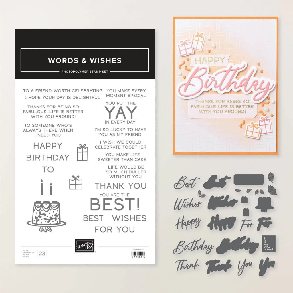Stampin' Up! Words & Wishes stamp and coordinating die set featuring birthday greetings, gift icons, cake images, and a completed handmade birthday card sample.