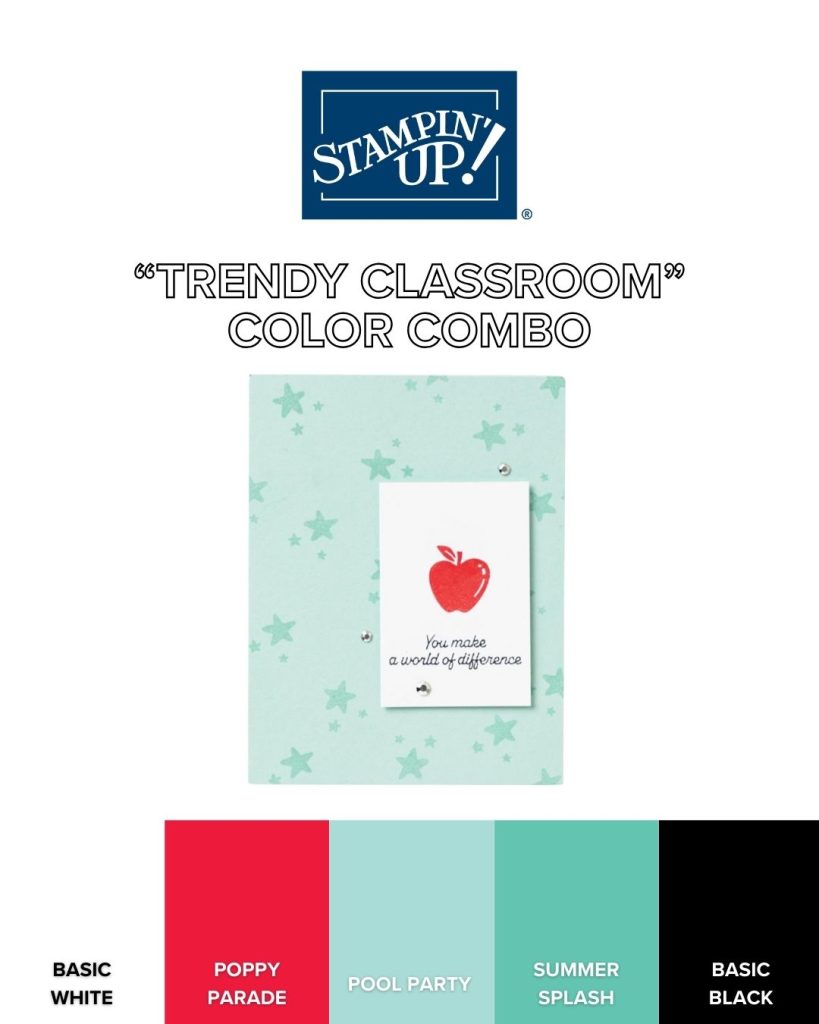 Palette de couleurs tendance en classe avec une carte d’appréciation des enseignants faite à la main avec un motif de pomme rouge.
