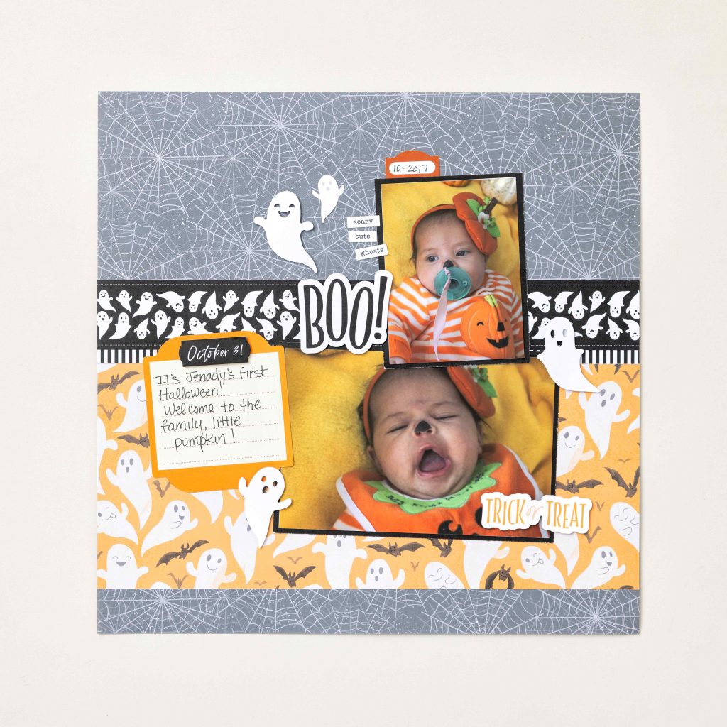 Lorsque vous créerez vos propres pages de scrapbooking sur le thème d'Halloween cette année, pourquoi ne pas y intégrer un petit jeu de cache-cache ? Placez votre photo préférée derrière une petite porte en papier pour créer une petite surprise !