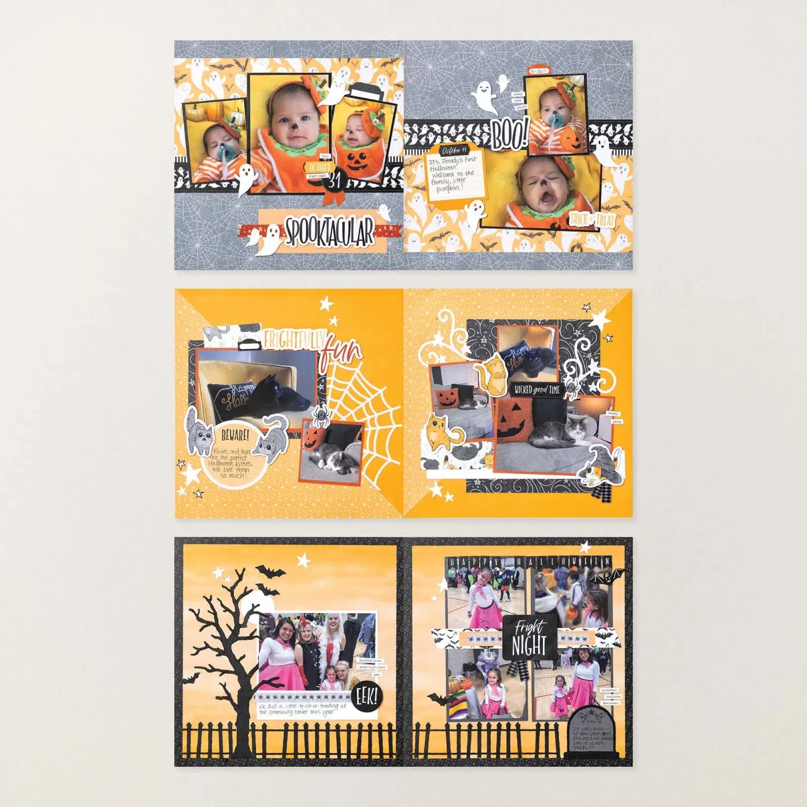 Sélection de mises en page de scrapbooking sur le thème d'Halloween, mettant en avant des costumes, des chats, des fantômes, des citrouilles et du papier à motifs orange et noir
