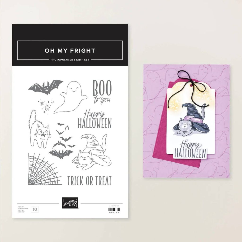 Stampin’ Up! Set de tampons « Oh My Fright » pour Halloween, comprenant des chats, des chauves-souris, un fantôme, une toile d’araignée, des messages et un projet d’Halloween fait main 