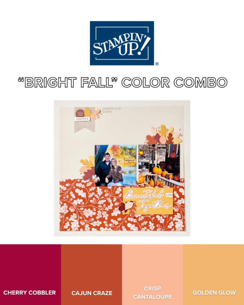 Eine Herbst-Scrapbook-Seite mit Fotos und orangefarbenem Papier mit Blattmuster über Farbmuster in den Farbtönen „Chili“, „Terrakotta“, „Crisp Cantaloupe“ und „Golden Glow“.
