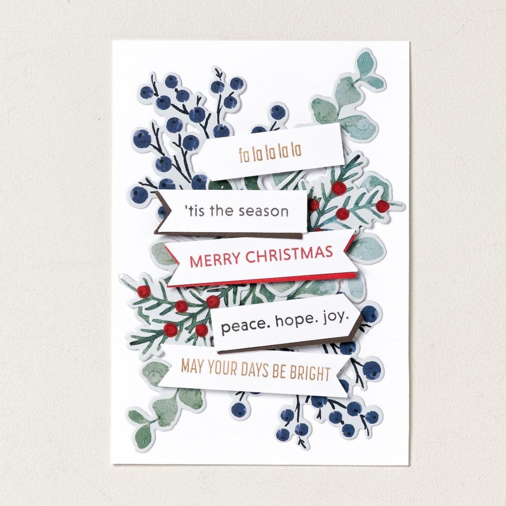Witte kaart met bladrijke takken, rode en blauwe bessen en vijf gelaagde wensstroken met onder andere ‘Merry Christmas’ en ‘peace. hope. joy.’