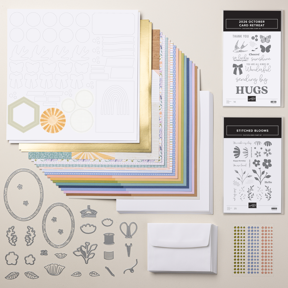 Octobre 2026 Stampin' Up! Kit de retraite de cartes virtuelle avec timbres, matrices, papier à motifs, papiers cartonnés, enveloppes et ornements