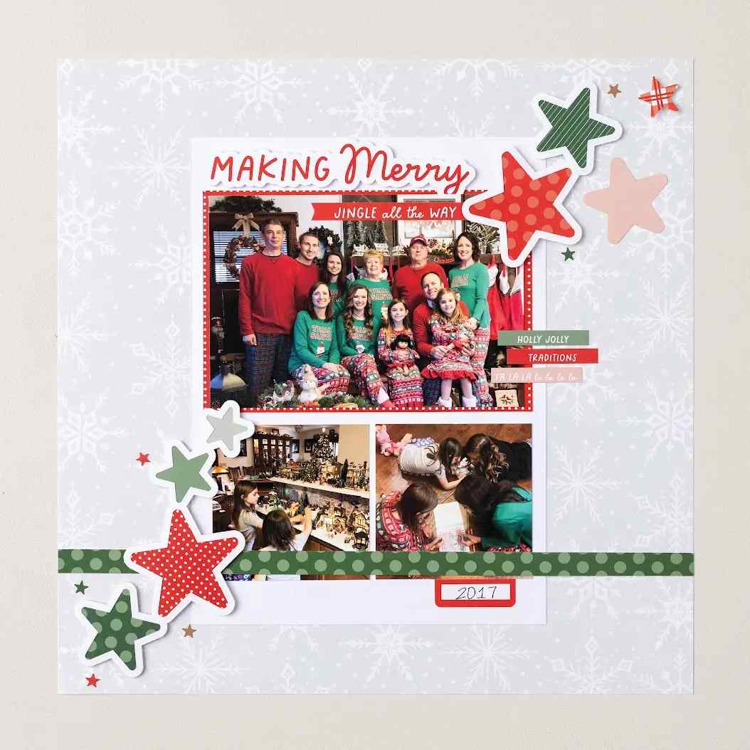 Mise en page de scrapbooking de Noël réalisée avec du papier à motifs rouges et verts, des tampons sur le thème des fêtes, des embellissements et du matériel de loisirs créatifs