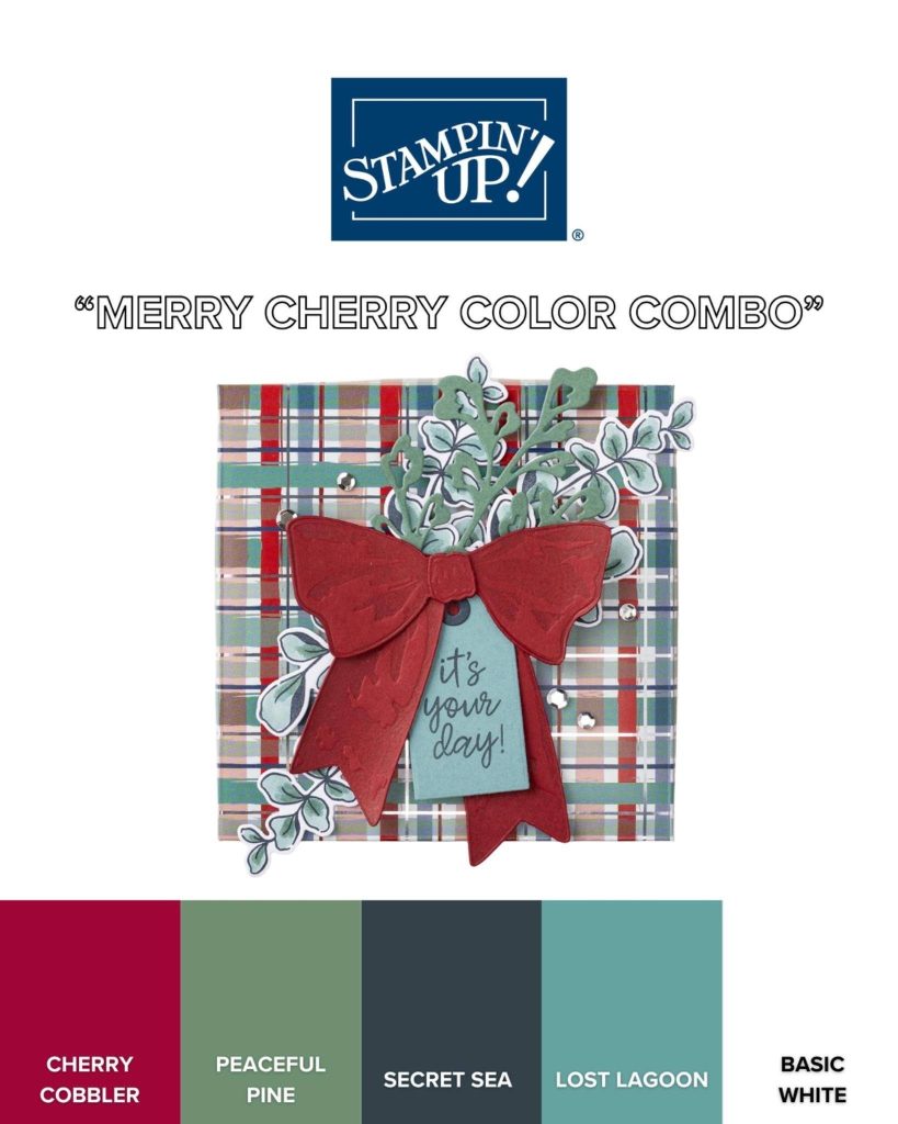 Merry Cherry palette featuring a plaid card with a red bow and swatches of Cherry Cobbler, Peaceful Pine, Secret Sea, Lost Lagoon, and Basic White.