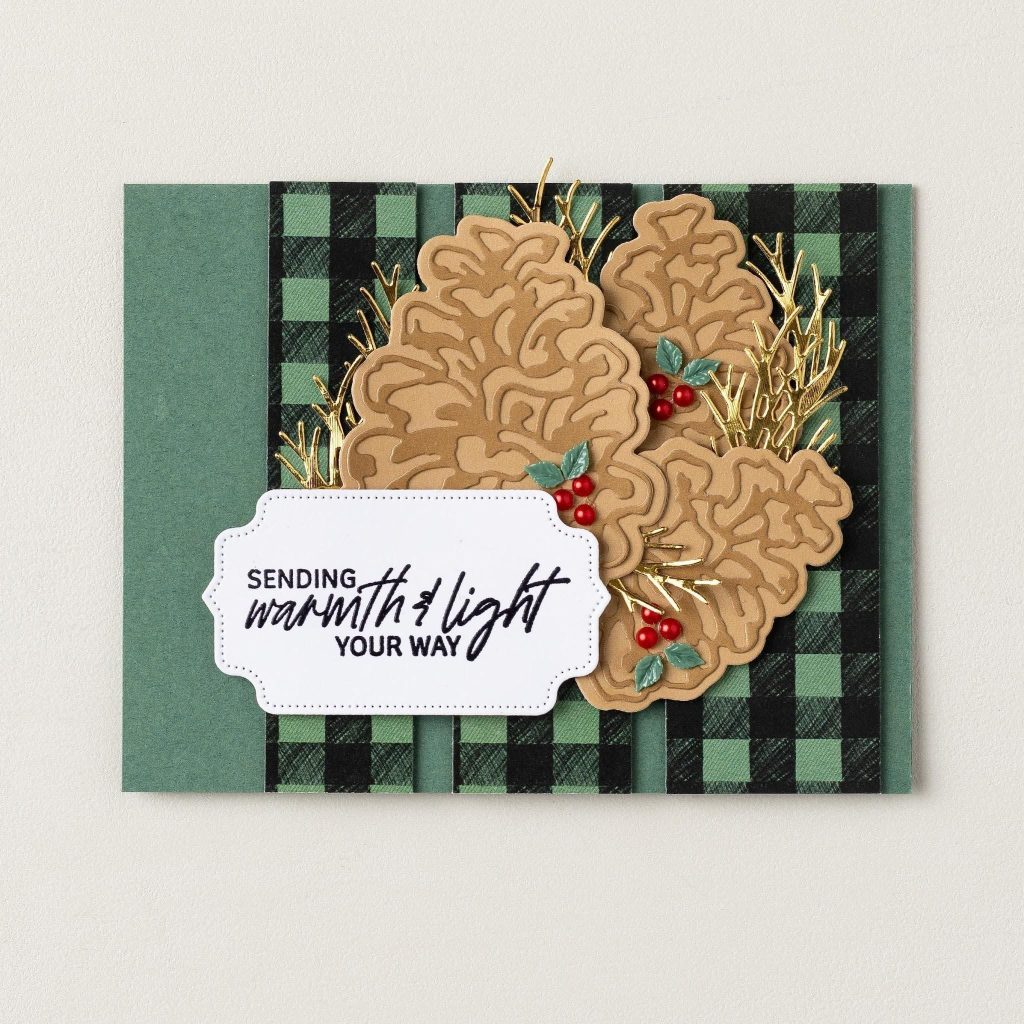 Carte verte ornée de bandes à carreaux noirs et verts, de pommes de pin marron superposées, de branches d’or, de baies rouges et d’une étiquette portant l’inscription « Je vous envoie chaleur et lumière ».