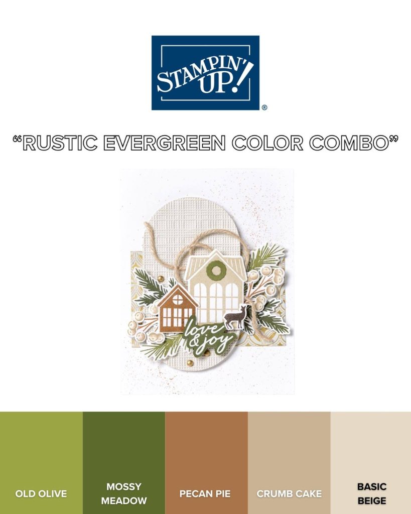 Rustic Evergreen palette with a house-and-greenery card and swatches of Old Olive, Mossy Meadow, Pecan Pie, Crumb Cake, and Basic Beige.