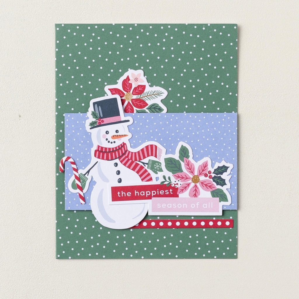 Carte verte à pois, ornée d'un bonhomme de neige, d'une canne en sucre, de poinsettias et d'étiquettes superposées sur lesquelles on peut lire « la plus belle période de l'année ».