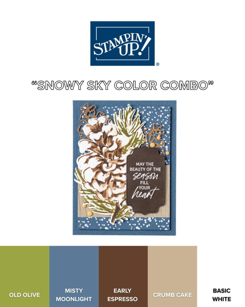 Snowy Sky palette featuring a snowy pinecone card and swatches of Old Olive, Misty Moonlight, Early Espresso, Crumb Cake, and Basic White.